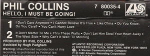 Phil Collins - Hello, I Must Be Going! (Cassette) (VG+, VG)