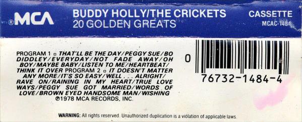 Buddy Holly & The Crickets  - 20 Golden Greats (Cassette) (VG+, VG+)