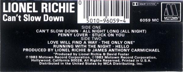 Lionel Richie - Can't Slow Down (Cassette) (VG+, VG+)
