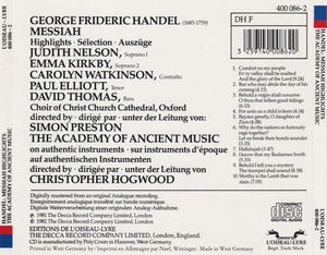 Georg Friedrich Händel - Judith Nelson • Emma Kirkby • Carolyn Watkinson • Paul Elliott • David Thomas • Choir Of Christ Church Cathedral, The • Academy Of Ancient Music, The • Christopher Hogwood - Messiah • A Sacred Oratorio (Highlights