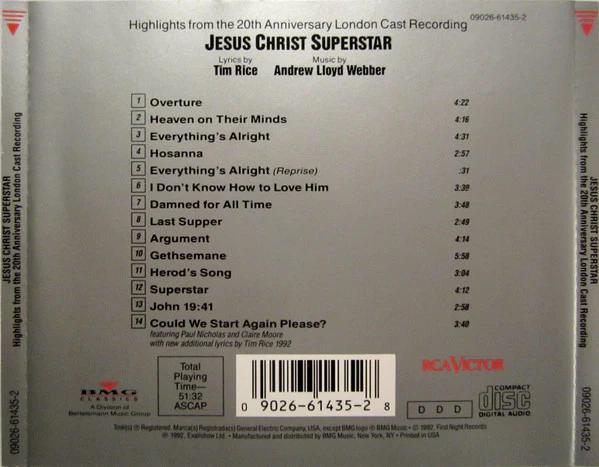 Andrew Lloyd Webber And Tim Rice - Jesus Christ Superstar - Highlights From The 20th Anniversary London Cast Recording (CD) (NM or M-, VG+)