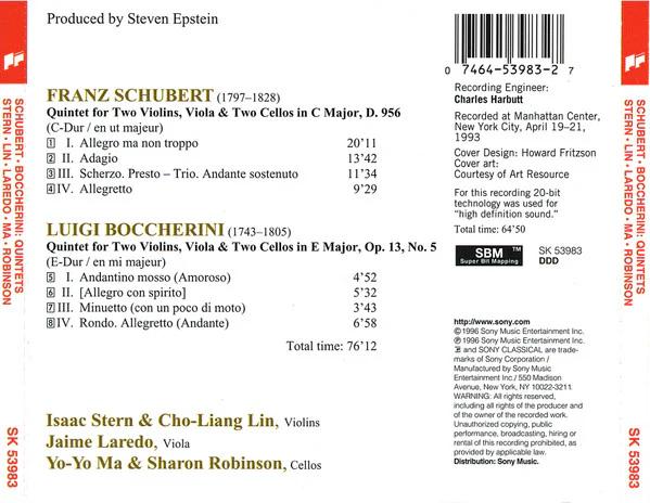 Franz Schubert, Luigi Boccherini, Isaac Stern, Cho-Liang Lin, Jaime Laredo, Yo-Yo Ma, Sharon Robinson  - Quintets (CD) (VG+, VG+)