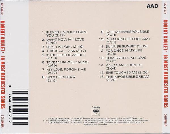 Robert Goulet - 16 Most Requested Songs (CD) (VG+, VG+)