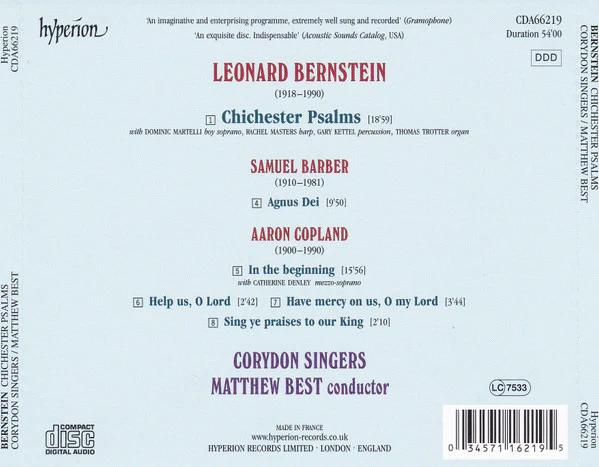 Leonard Bernstein, Aaron Copland, Samuel Barber, Corydon Singers Conducted By Matthew Best  - Bernstein: Chichester Psalms / Copland: In The Beginning & Three Motets / Barber: Agnus Dei (CD) (VG+, VG+)