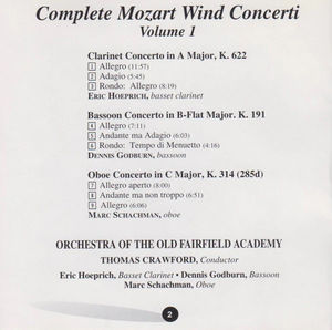 Wolfgang Amadeus Mozart performed by Orchestra Of The Old Fairfield Academy - Mozart Complete Wind Concerti Volume 1 (CD) (VG+, VG+)