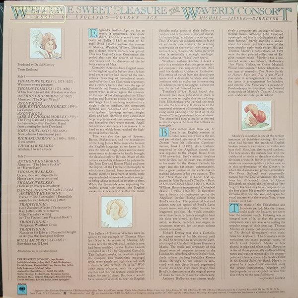 The Waverly Consort, Michael Jaffee - Welcome Sweet Pleasure (Music Of England's Golden Age) (Vinyl) (VG+, VG+)