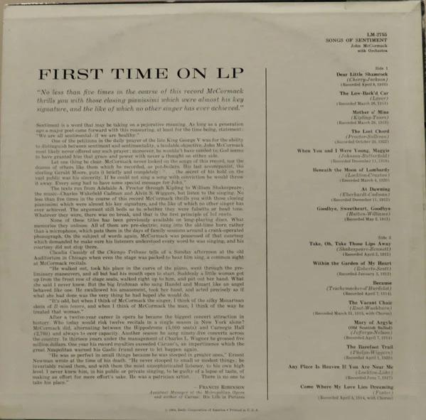 John McCormack  - Songs Of Sentiment (Vinyl) (VG+, VG+)