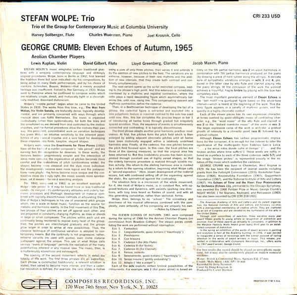 Stefan Wolpe / George Crumb - Trio / Eleven Echoes Of Autumn, 1965 (Vinyl) (NM or M-, VG+)