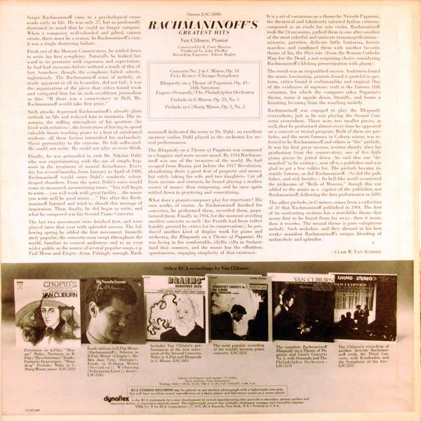 Sergei Vasilyevich Rachmaninoff, Van Cliburn, Fritz Reiner, Chicago Symphony Orchestra, Eugene Ormandy, Philadelphia Orchestra, The - Rachmaninoff's Greatest Hits (Vinyl) (VG+, VG+)