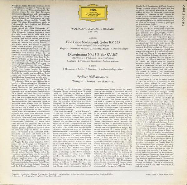 Wolfgang Amadeus Mozart - Berliner Philharmoniker · Herbert von Karajan - Eine Kleine Nachtmusik, Divertimento KV 287 (Vinyl) (NM or M-, VG+)