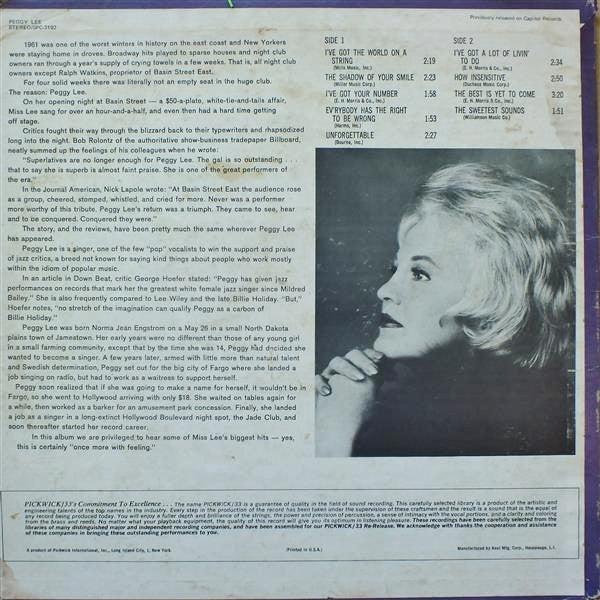 Peggy Lee - I've Got The World On A String (Vinyl) (VG+, VG+)